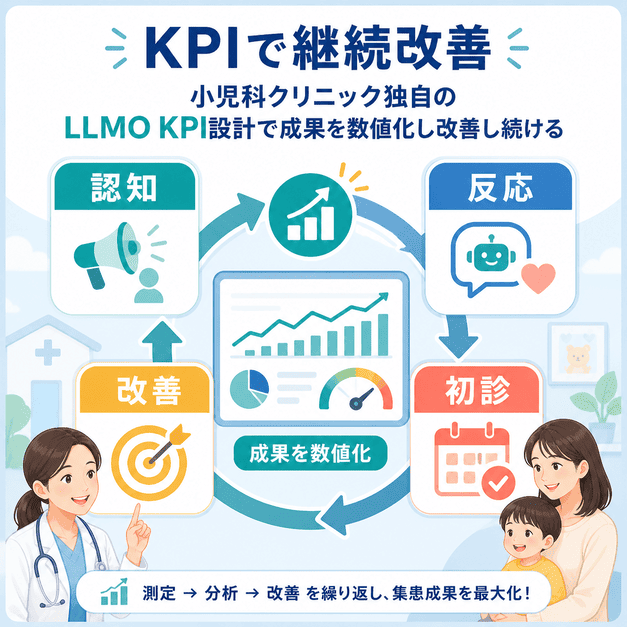 小児科クリニックのLLMO成果を認知、反応、初診、改善のKPIで継続的に高める流れを示した図解
