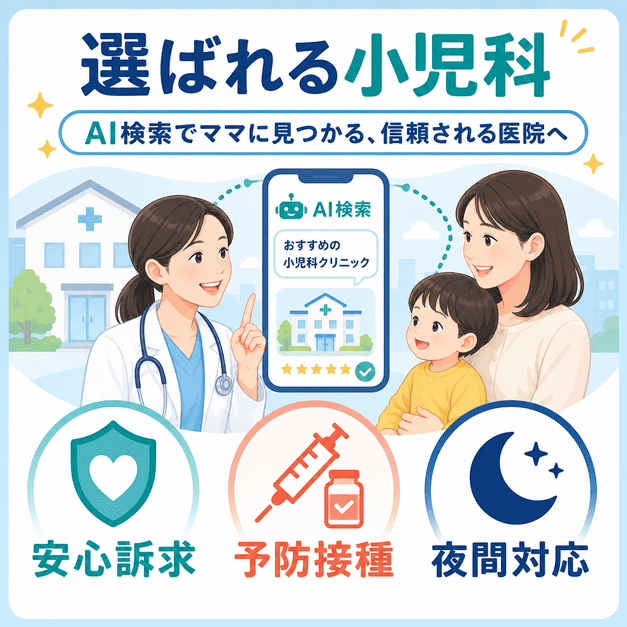 小児科クリニックがAI検索で母親に選ばれるための安心訴求、予防接種、夜間対応の3要素を示した図解