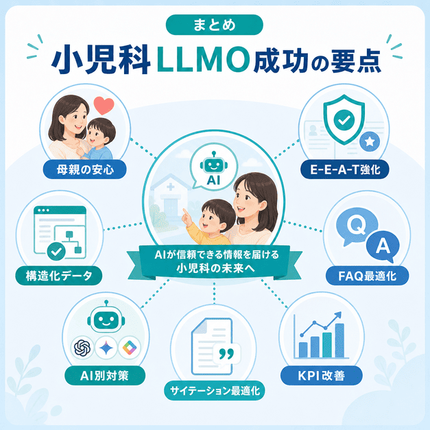 小児科LLMO成功に必要な母親の安心、E-E-A-T、構造化データ、FAQ、AI別対策、サイテーション、KPI改善をまとめた総括図