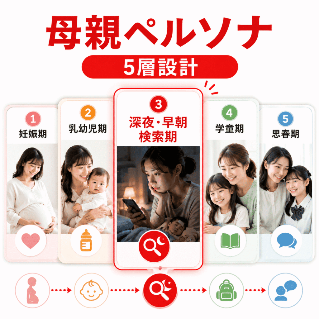 小児科YouTube運用で重視する母親ペルソナ五層と、深夜早朝に検索する母親層を示したイメージ