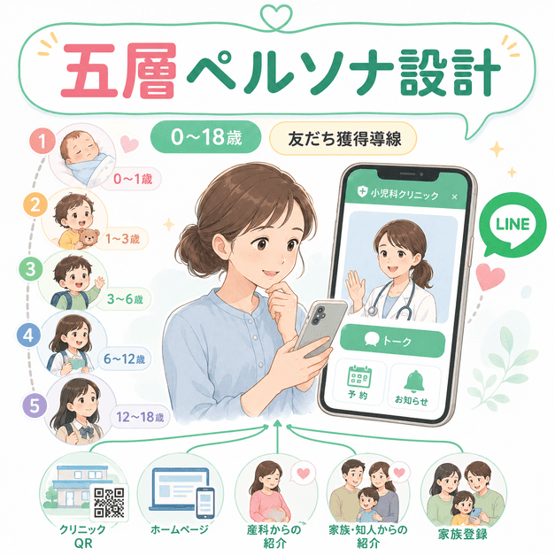 0歳から18歳までの五層ペルソナと、クリニックQR・ホームページ・産婦人科紹介・家族紹介からLINE友だち獲得へつなげる導線を描いたイラスト