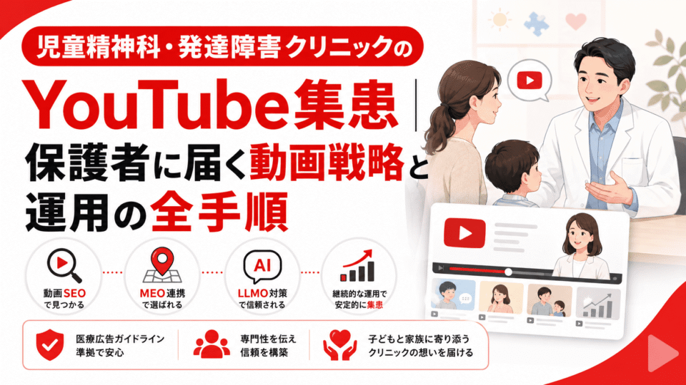 児童精神科・発達障害クリニックのYouTube集患戦略を、医師と保護者、動画運用、SEO・MEO・LLMO連携で表したアイキャッチ画像