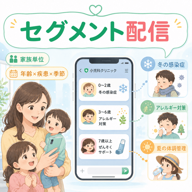 子どもの年齢、疾患、季節に応じて小児科LINEの配信内容を届け分けるセグメント配信を描いたイラスト