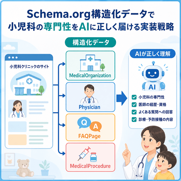 小児科サイトの構造化データをAIに正しく伝えるためのMedicalOrganization、Physician、FAQPage、MedicalProcedureの図解