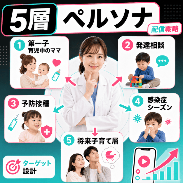 小児科TikTokで狙う五層ペルソナを、母親、発達相談、予防接種、感染症、将来子育て層のカードで表したイラスト