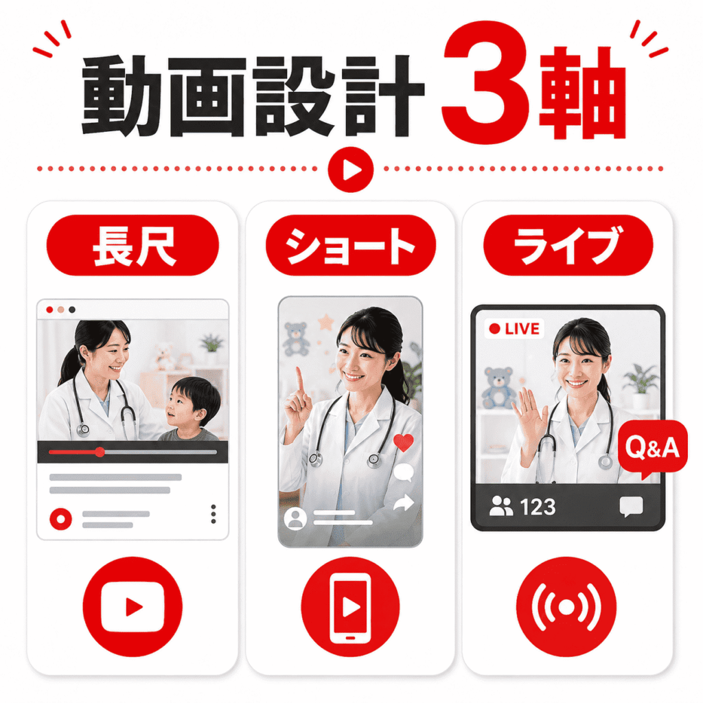 小児科YouTubeの長尺動画、ショート動画、ライブ配信の3軸を並べて示した動画設計イメージ