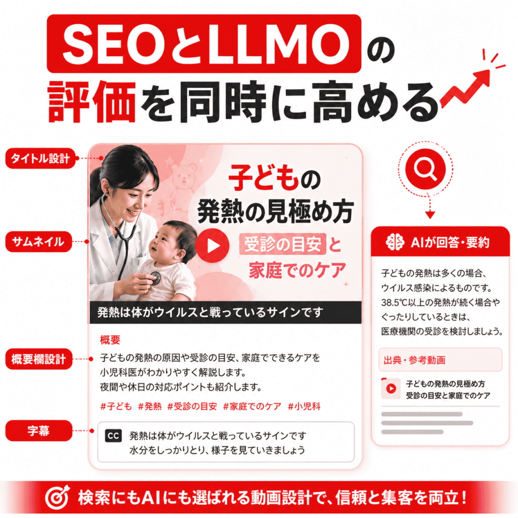 小児科動画のタイトル、概要欄、字幕、サムネイルを整え、SEOとLLMO評価を高めるイメージ