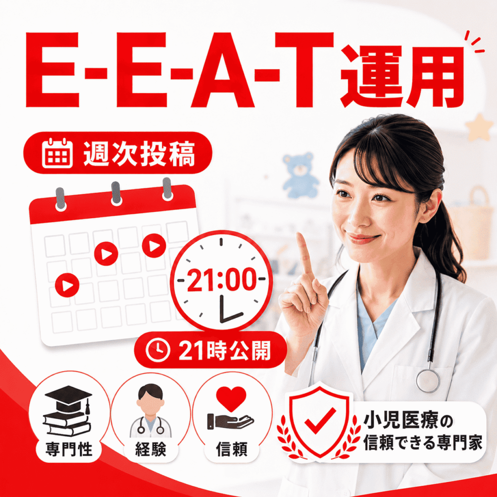 小児科医の専門性と信頼性を示しながら、週次投稿や21時公開を管理するYouTube運用イメージ