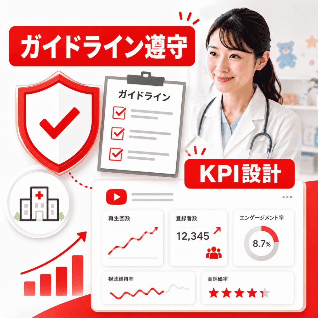 医療広告ガイドライン遵守とKPI設計により、小児科YouTube運用の成果と信頼を管理するイメージ