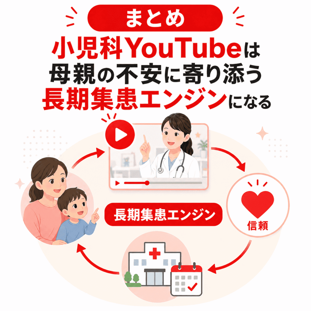 小児科YouTubeが母親の不安に寄り添い、信頼から来院へつながる長期集患エンジンのイメージ