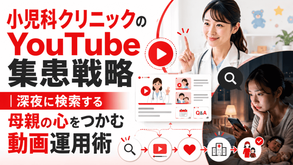 小児科クリニックのYouTube集患戦略を表す、女医と深夜にスマホ検索する母親、動画導線を組み合わせたイメージ