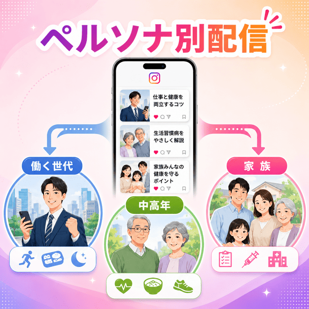 働く世代・中高年・家族の三層に分けて総合内科クリニックのInstagram配信を設計する様子を表したイラスト