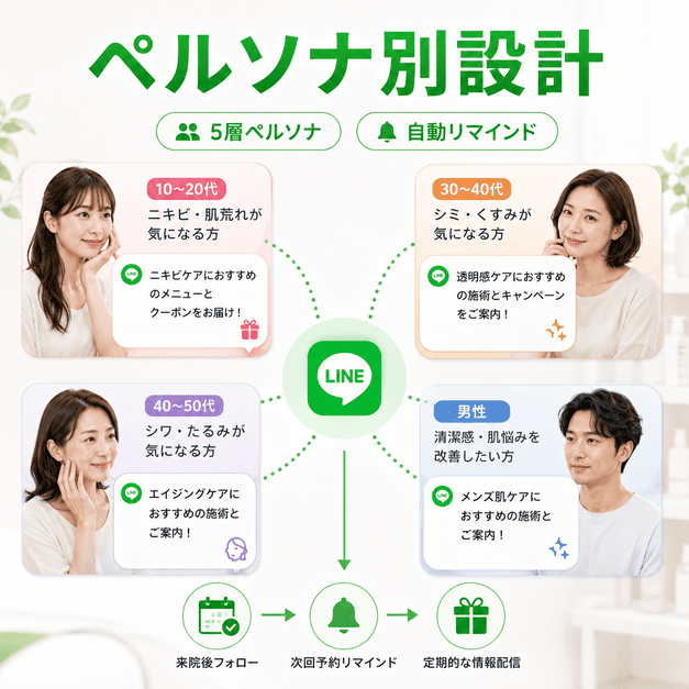 美容皮膚科の患者ペルソナごとにLINE配信内容やリマインドを分ける設計を表したイラスト