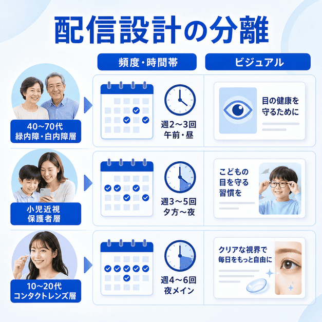 中高年層、小児近視保護者層、コンタクトレンズ層ごとに投稿頻度・時間帯・ビジュアルを分ける配信設計の画像