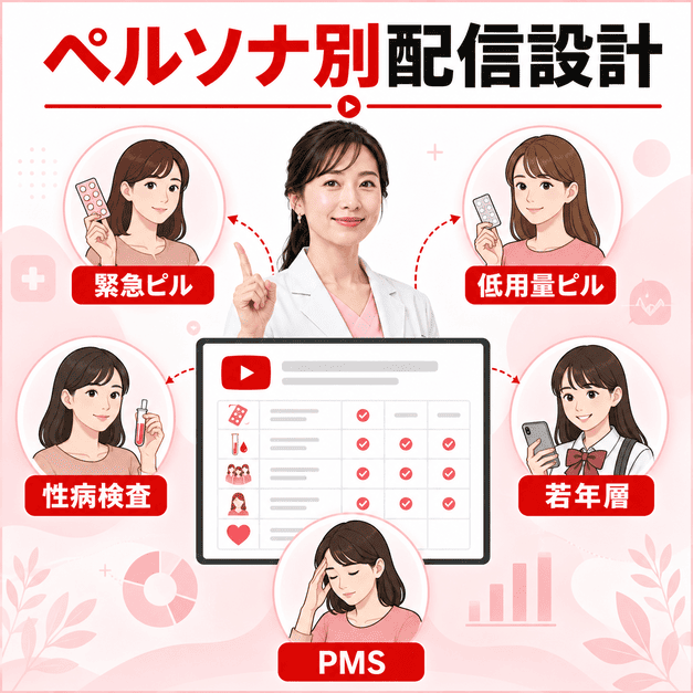 緊急ピル、低用量ピル、性病検査、若年層、PMSなどのペルソナ別にYouTube配信を設計する様子