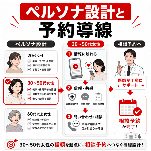 30〜50代女性を中心にペルソナを設計し、情報接触からカウンセリング予約へつなげる導線