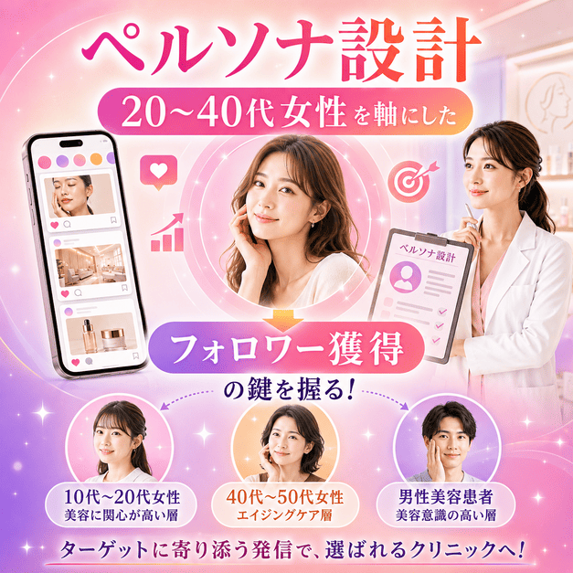 20〜40代女性を中心に若年女性やエイジングケア層、男性美容患者を設計するペルソナ戦略の図