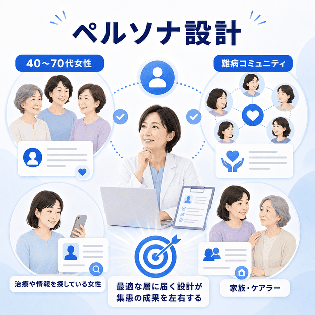 40〜70代女性、若年女性、家族介護者、難病コミュニティなど複数のペルソナを整理する医療マーケティング図解