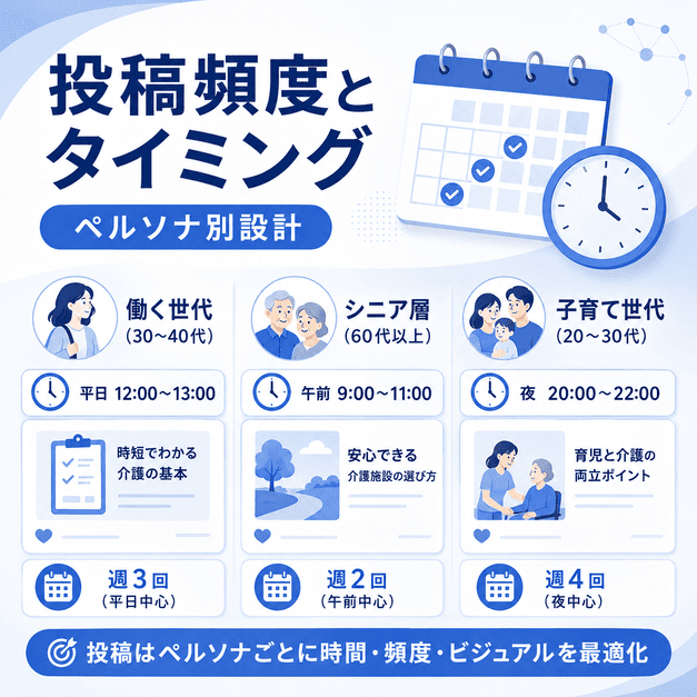 ペルソナごとに投稿頻度、配信タイミング、ビジュアルを分けて設計するFacebook運用を表したイラスト