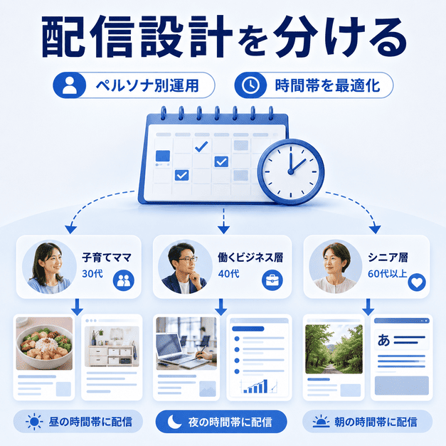 ペルソナごとに投稿頻度・配信時間・ビジュアル設計を分ける運用方法を示した図解