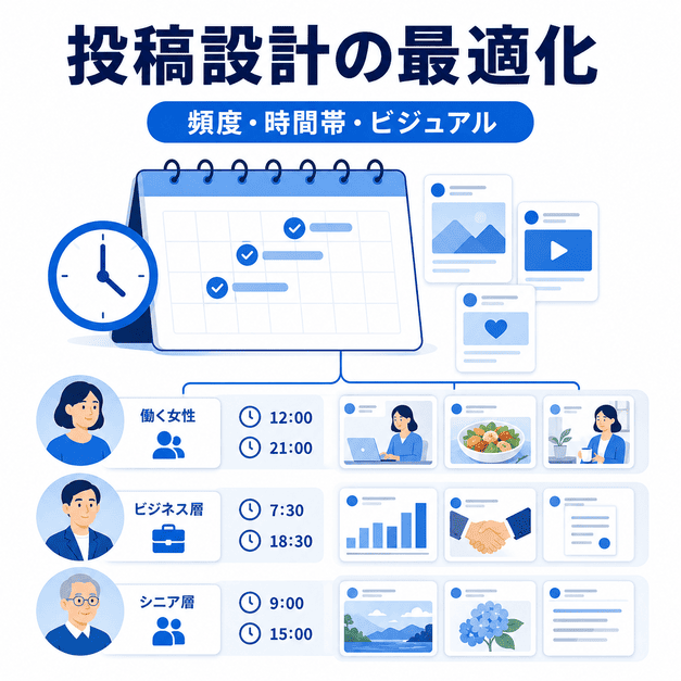 三軸ペルソナごとに投稿頻度・時間帯・ビジュアルを最適化する運用設計のイラスト