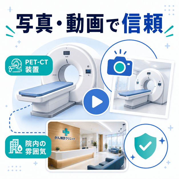 PET-CT装置の写真や院内動画によって患者に安心感と信頼感を伝えることを示した図解