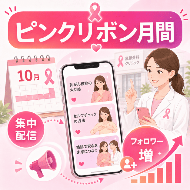 10月のピンクリボン月間に集中配信を行いフォロワー増加を目指す乳腺外科クリニックのイメージ