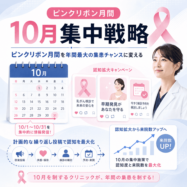 10月のピンクリボン月間に合わせて、乳がん検診啓発の投稿計画と来院増加を図る戦略を表したイラスト