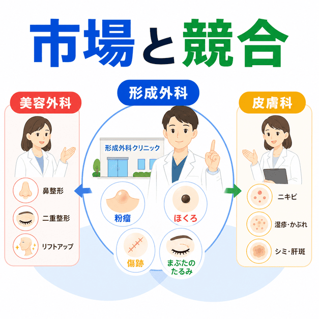 形成外科クリニックの広告市場で、美容外科や皮膚科との競合関係を比較しているイラスト