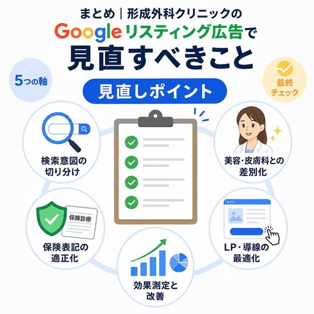 形成外科クリニックのGoogleリスティング広告で見直すべき検索意図・表現・LP導線・効果測定のポイントをまとめたイラスト