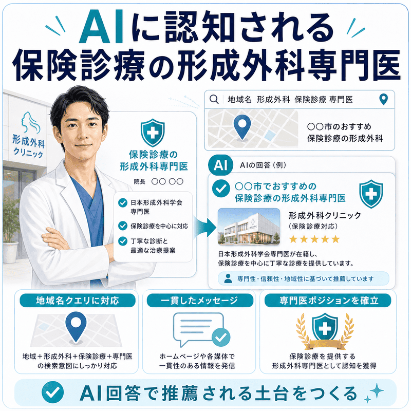 AI回答で保険診療の形成外科専門医として認知され、地域検索で推薦される流れを示した図
