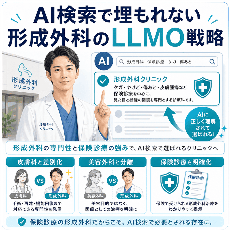 AI検索で埋もれないために、形成外科クリニックが保険診療や専門性を明確に打ち出すLLMO戦略の図