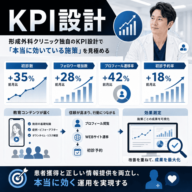形成外科クリニック独自のKPIをダッシュボードで可視化し、効果的な施策を見極める図解