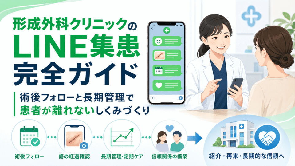 形成外科クリニックのLINE集患で術後フォローや長期管理を支援する仕組みを示したアイキャッチ画像