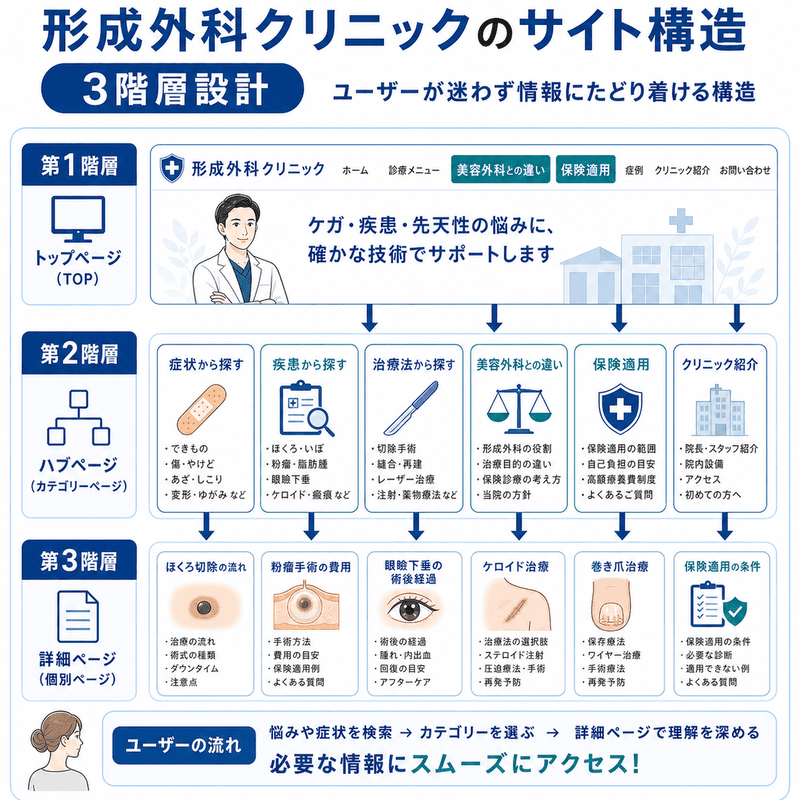 形成外科クリニックのサイト構造をトップページ・ハブページ・詳細ページの3階層で示した図