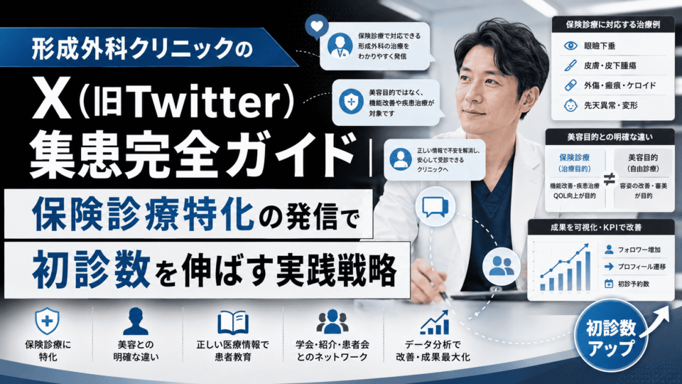 形成外科クリニックがXで保険診療の専門性を発信し、初診数増加を目指す集患戦略のイメージ