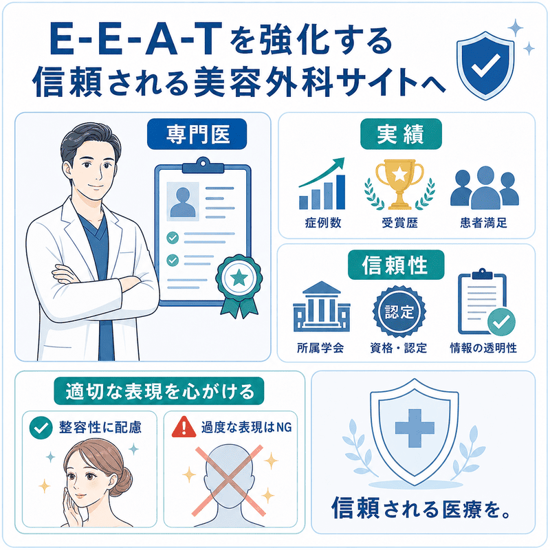 形成外科サイトでE-E-A-Tを高めるための専門医・実績・信頼性・適切な表現を示した図
