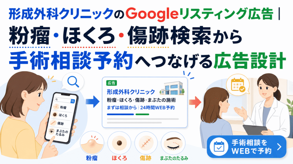 形成外科クリニックのGoogleリスティング広告で、粉瘤・ほくろ・傷跡検索から手術相談予約へつなげる流れを示したイメージ