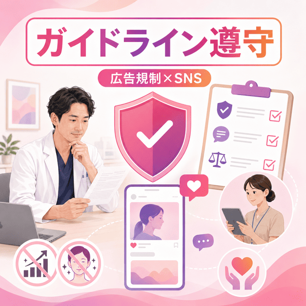 医療広告ガイドラインとSNSポリシーを確認しながら、誠実な医療情報を発信する様子を表したイラスト