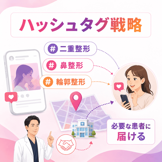 形成外科を必要とする患者に届くよう、地域名や治療領域のハッシュタグを設計する様子を表したイラスト