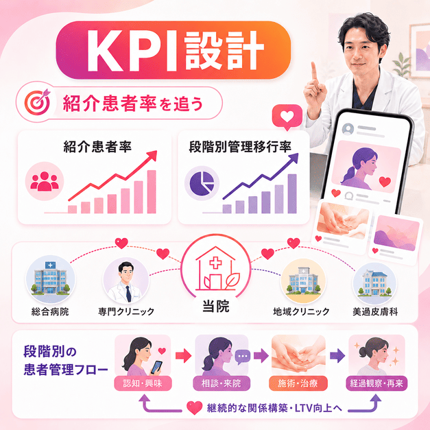 紹介患者率や段階別管理移行率など、形成外科ならではのKPIを管理するダッシュボードのイラスト