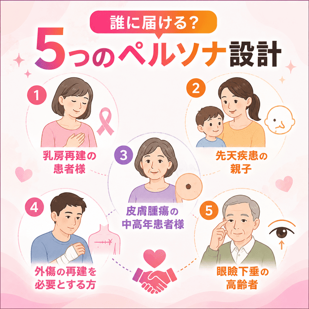乳房再建や先天性疾患、皮膚腫瘍、外傷後再建、眼瞼下垂など5つの患者ペルソナを整理したイラスト