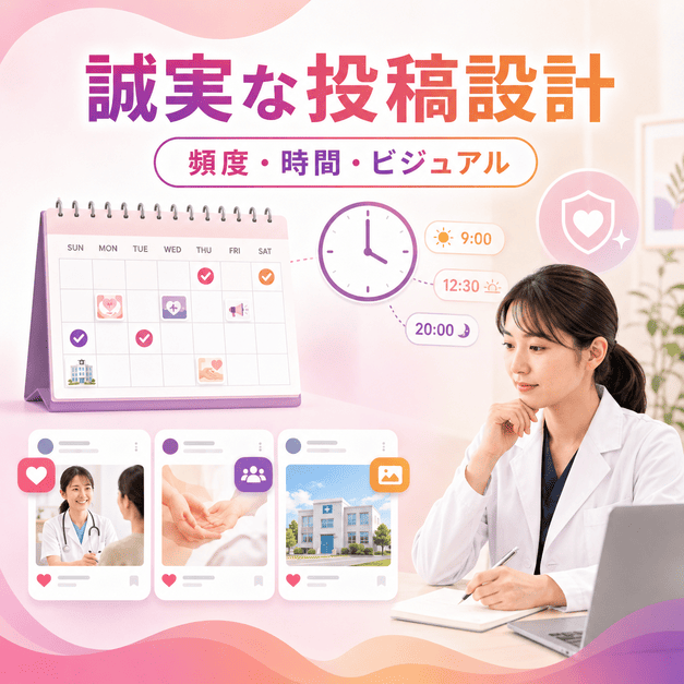 投稿頻度、配信時間、ビジュアル設計を整え、医療機関らしい誠実なInstagram運用を行う様子を表したイラスト