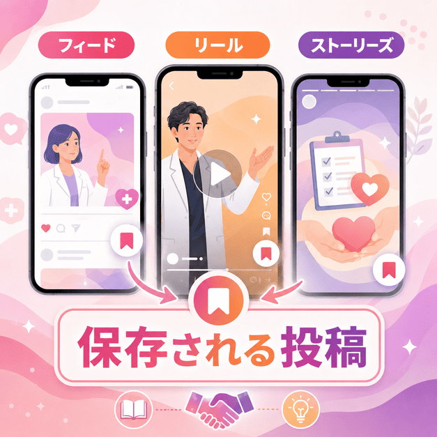 フィード、リール、ストーリーズを使い分けて保存される医療投稿を増やす様子を表したイラスト