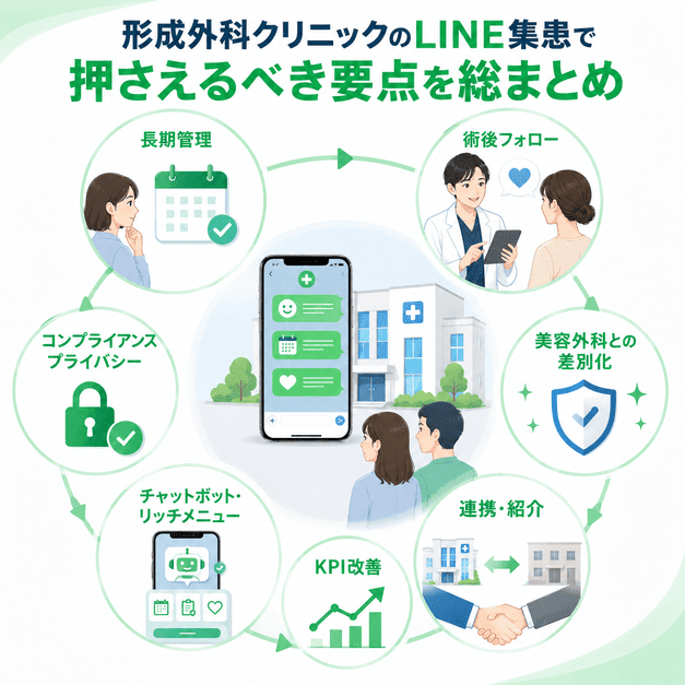 形成外科クリニックのLINE集患で重要な長期管理、術後フォロー、連携、遵守、KPI改善を総まとめしたイラスト