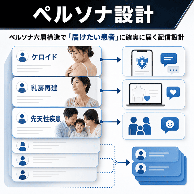 ケロイドや乳房再建、先天性疾患などの患者層に合わせて配信を設計するペルソナ図解