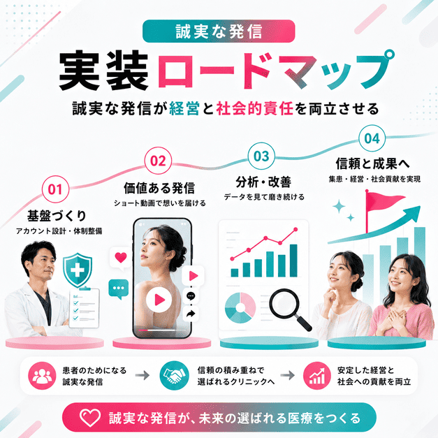 形成外科TikTok集患をアカウント設計から改善、信頼形成まで段階的に進める実装ロードマップのイラスト