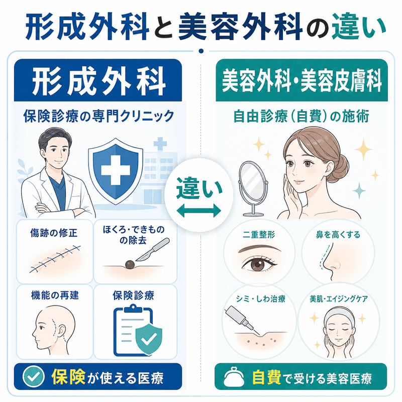 形成外科と美容外科・美容皮膚科の違いを保険診療と自費診療の観点で比較した図