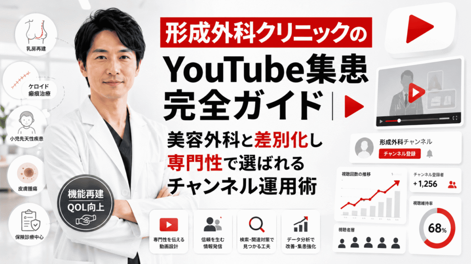 形成外科クリニックのYouTube集患完全ガイドを表す、医師と動画運用・専門性訴求のイメージ