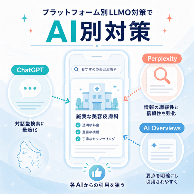 ChatGPT、Perplexity、AI OverviewsなどAI検索プラットフォームごとにLLMO対策を行う考え方を示す図解